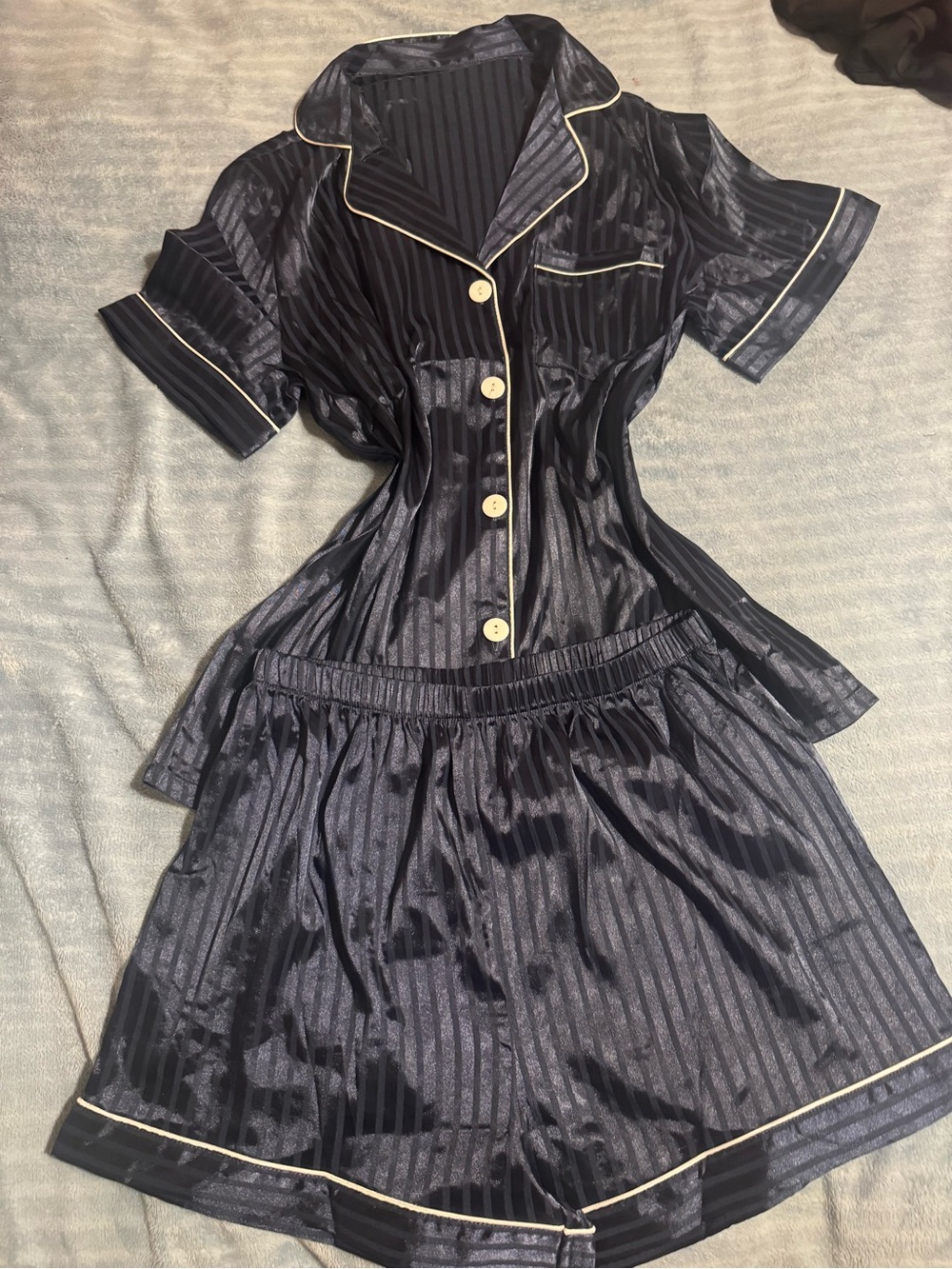 Satin Stripe Short Sleeve Pajama Set - Black with Cream Piping